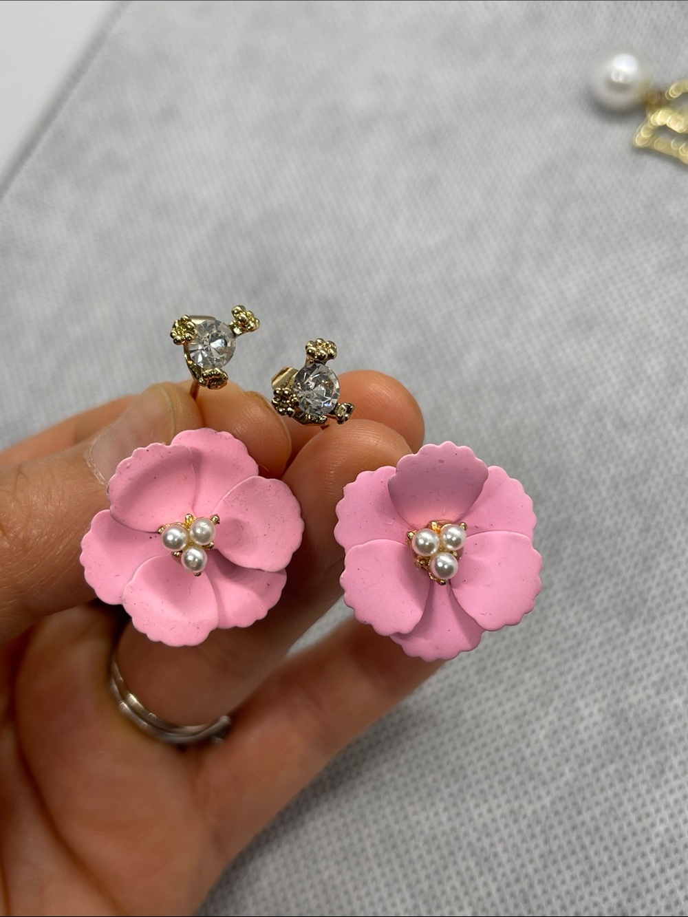 Pink Floral Pearl Stud Earrings